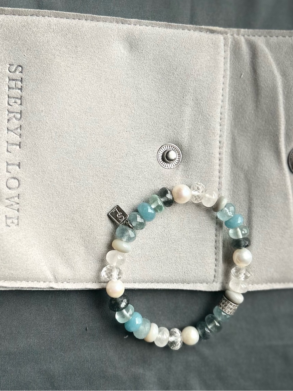 Sheryl Lowe Blue-Green Beaded Stretch Bracelet with Pearls & Crystal Accents